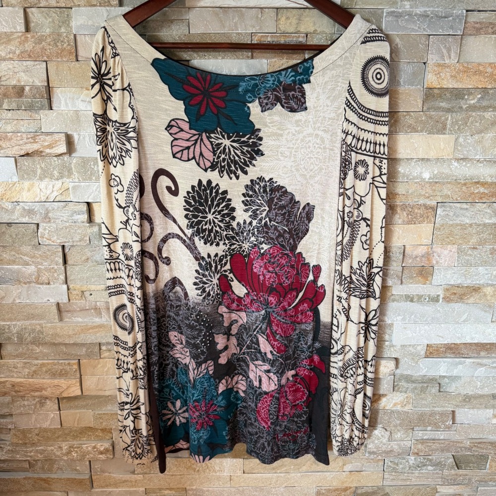 Desigual Y2K Floral Rhinestone Long Sleeve Top Brown Boho Viscose Mandala Size L